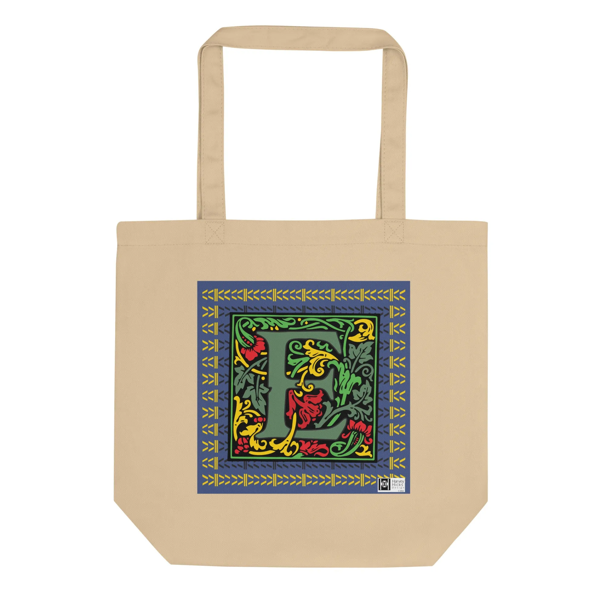 100% Organic Cotton Eco-Tote Featuring Decorative Lettering, “E”