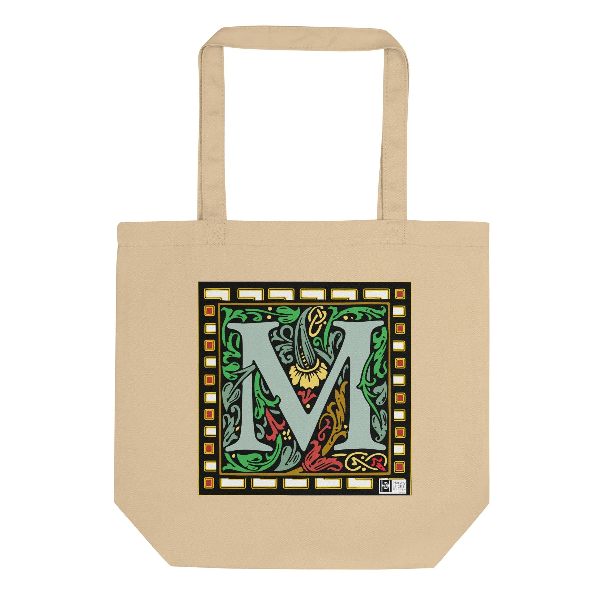 100% Organic Cotton Eco-Tote Featuring Decorative Lettering, “M”