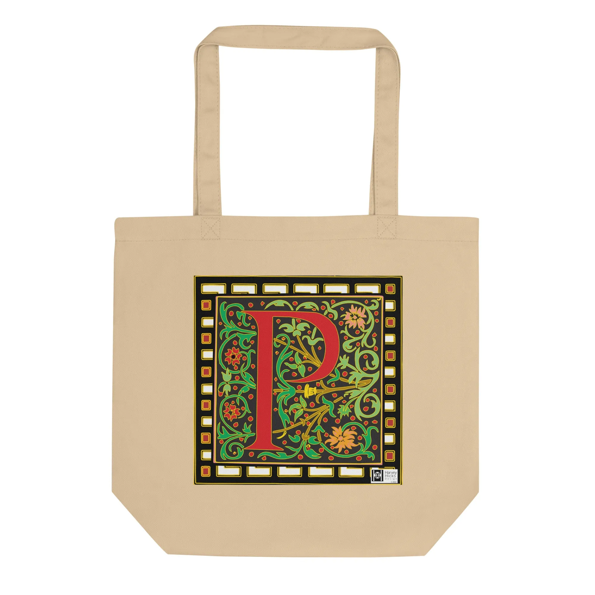 100% Organic Cotton Eco-Tote Featuring Decorative Lettering, “P”