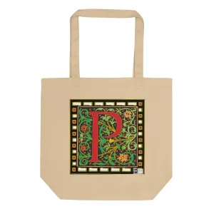 100% Organic Cotton Eco-Tote Featuring Decorative Lettering, “P”