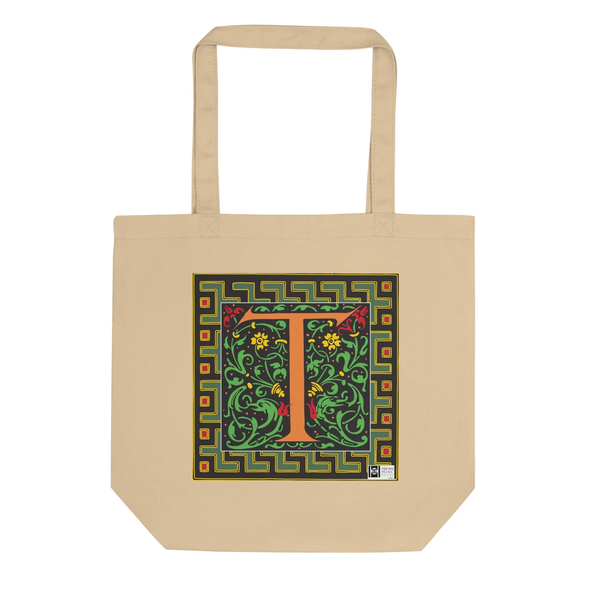 100% Organic Cotton Eco-Tote Featuring Decorative Lettering, “T”