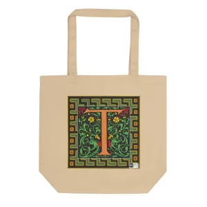 100% Organic Cotton Eco-Tote Featuring Decorative Lettering, “T”