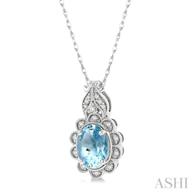 1/10 Ctw Floral 8x6MM Oval Cut Aquamarine and Round Cut Diamond Semi Precious Pendant With Chain in 10K White Gold