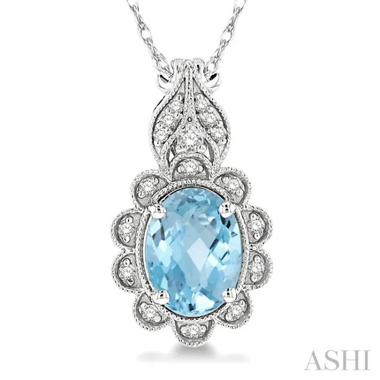 1/10 Ctw Floral 8x6MM Oval Cut Aquamarine and Round Cut Diamond Semi Precious Pendant With Chain in 10K White Gold