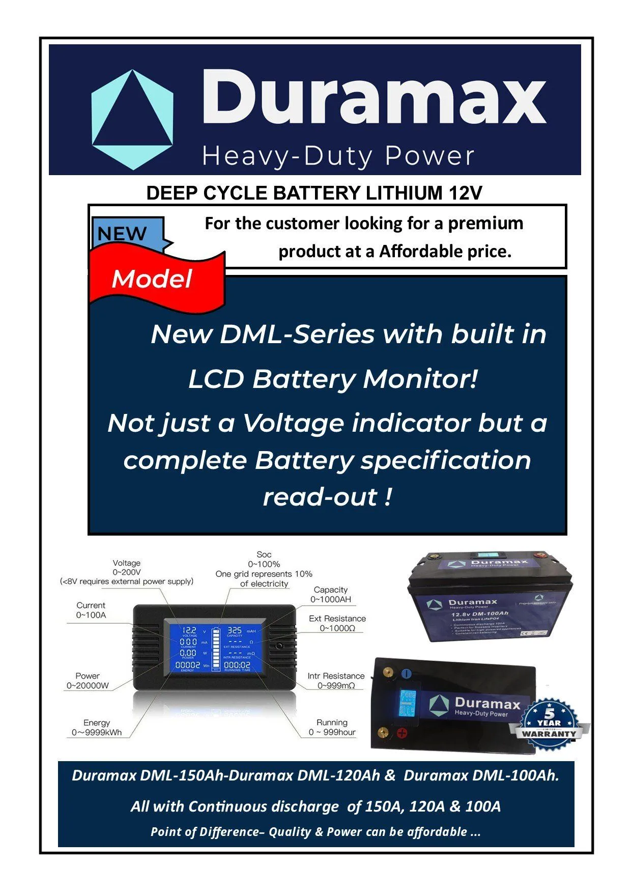120amp Duramax Lithium Battery with Built-in Battery Monitor - Active Bms