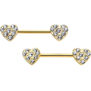 14 Gauge 9/16 Clear CZ Gem Gold Tone Lattice Heart Barbell Nipple Ring Set