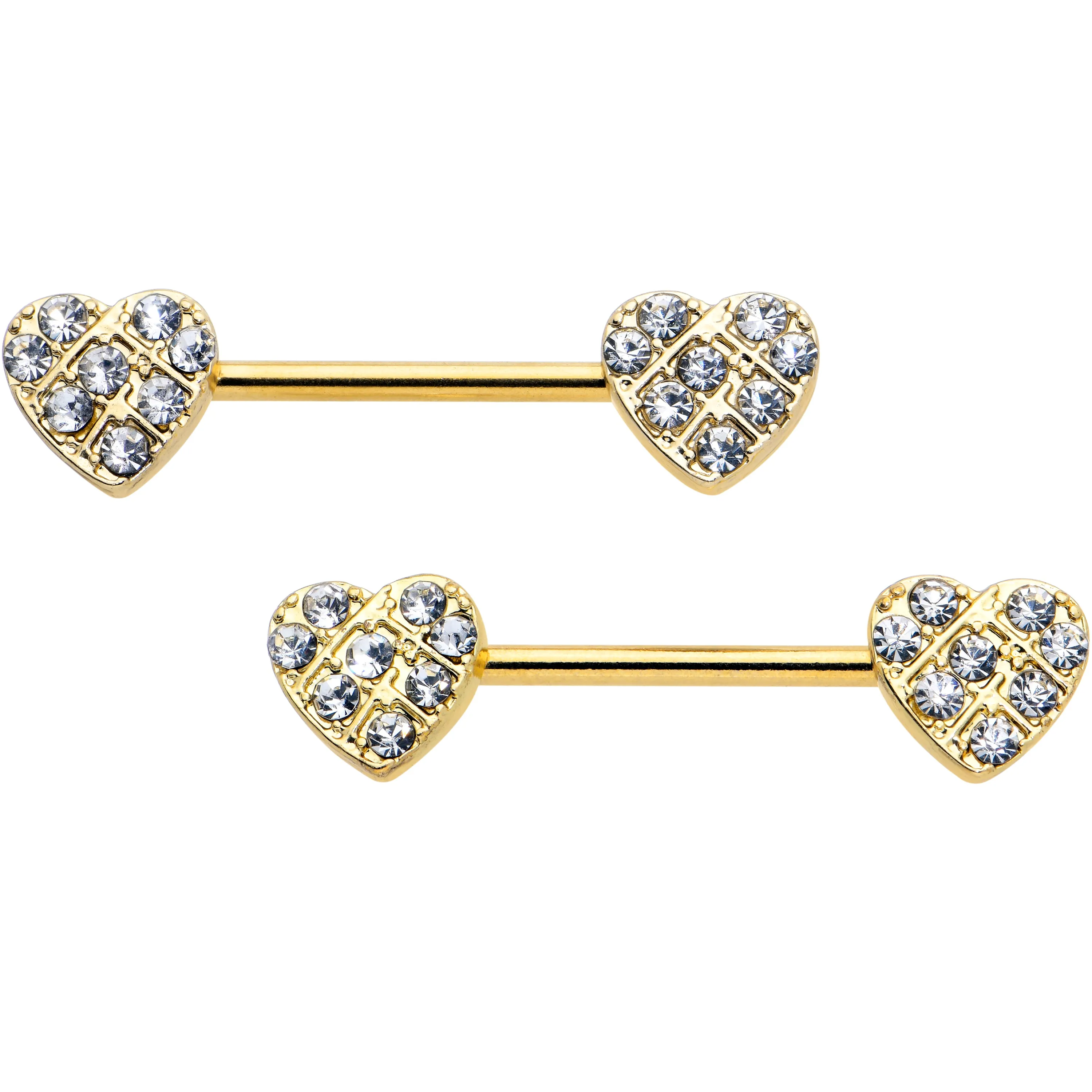 14 Gauge 9/16 Clear CZ Gem Gold Tone Lattice Heart Barbell Nipple Ring Set