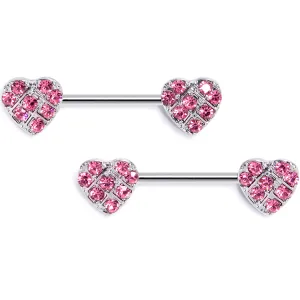 14 Gauge 9/16 Pink Gem Lattice Heart Barbell Nipple Ring Set