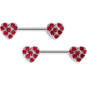 14 Gauge 9/16 Red Gem Lattice Heart Barbell Nipple Ring Set