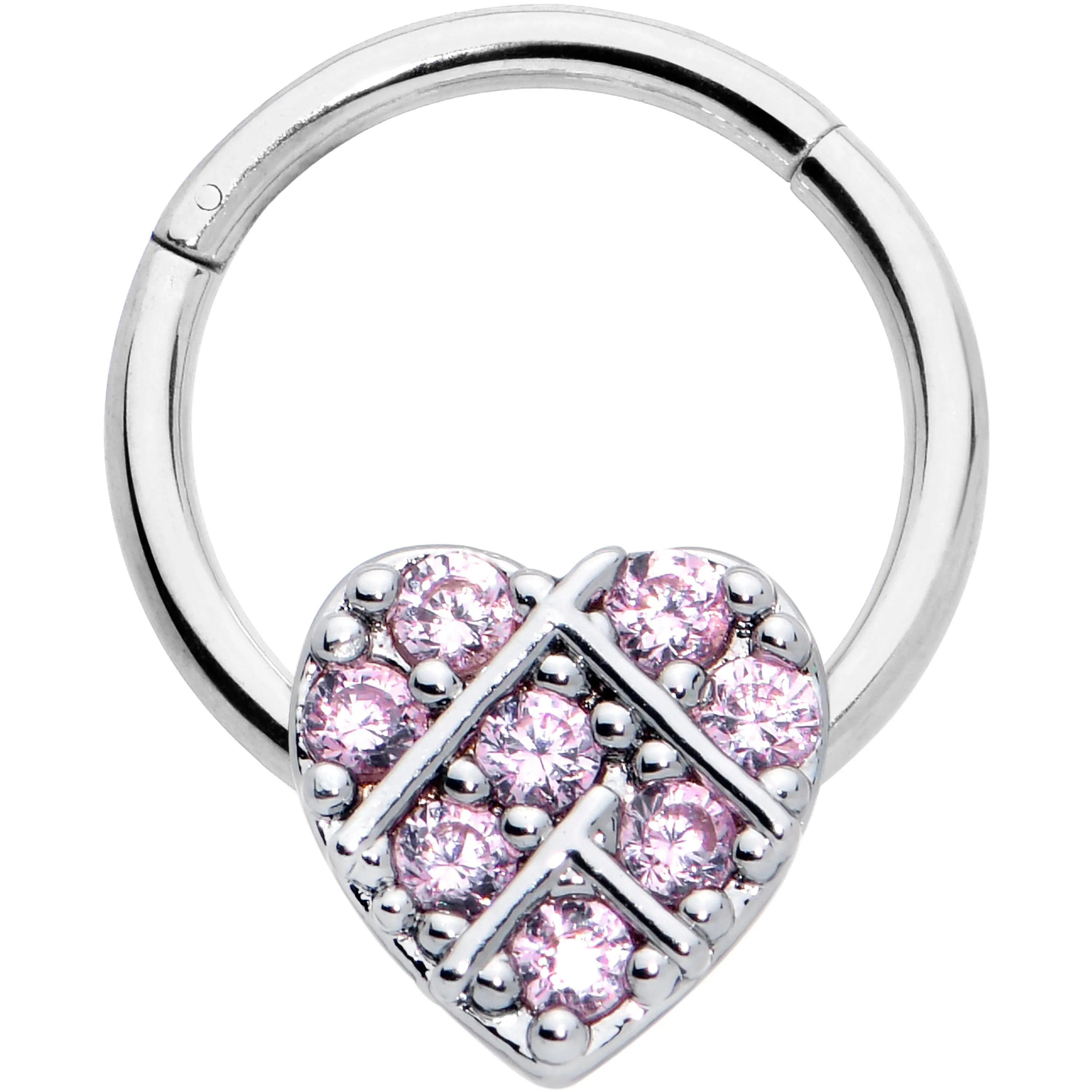 16 Gauge 3/8 Pink CZ Gem Lattice Heart Hinged Segment Ring