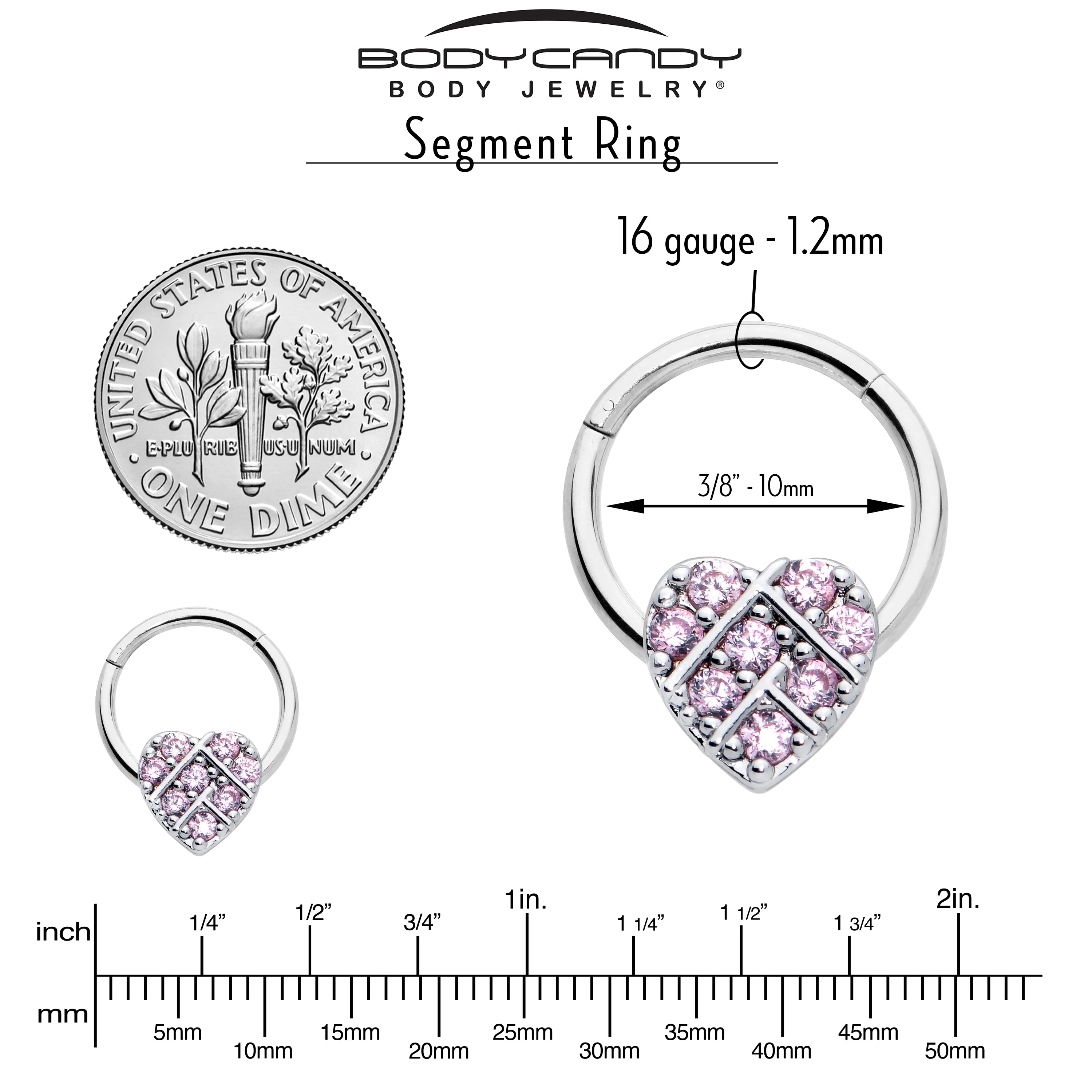 16 Gauge 3/8 Pink CZ Gem Lattice Heart Hinged Segment Ring