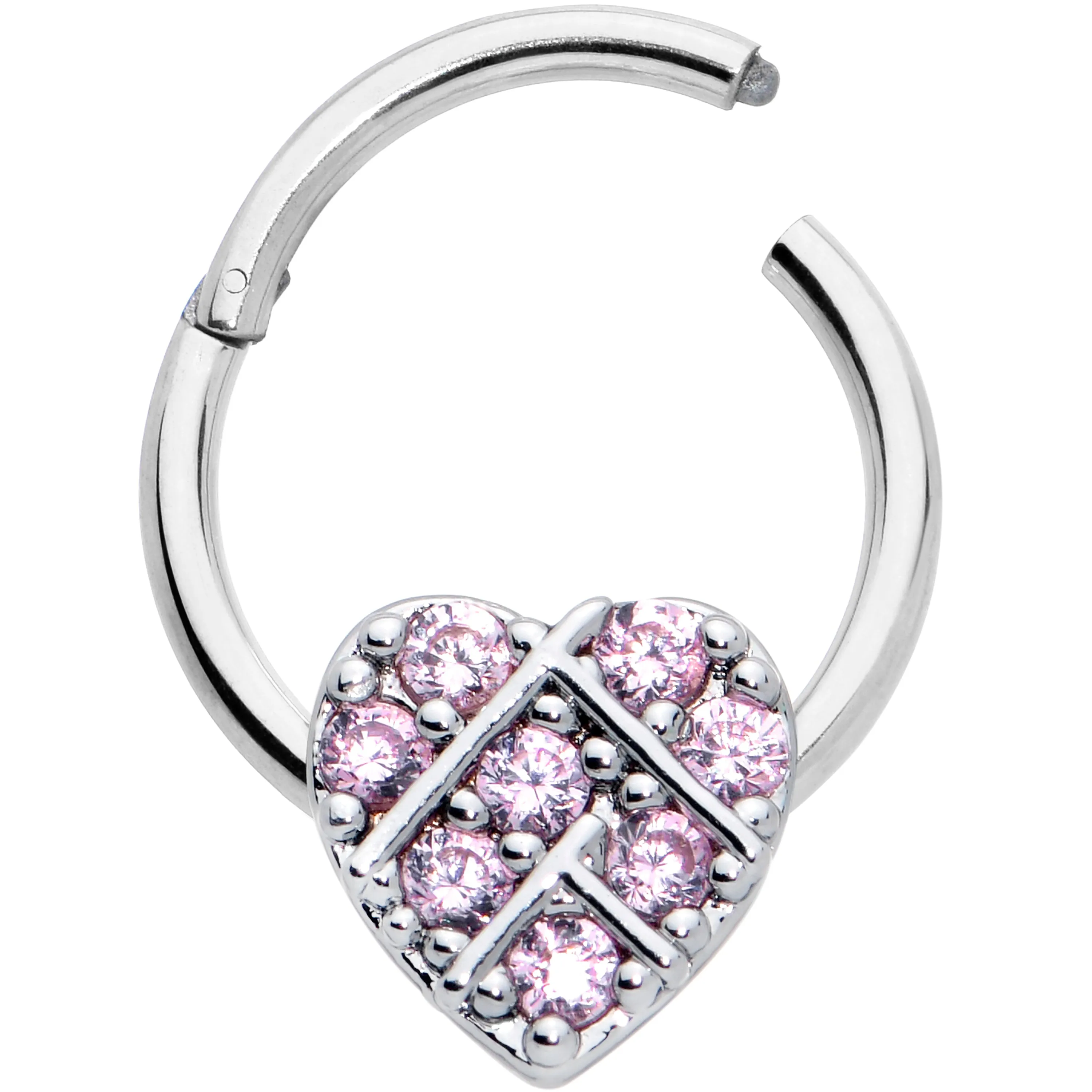 16 Gauge 3/8 Pink CZ Gem Lattice Heart Hinged Segment Ring