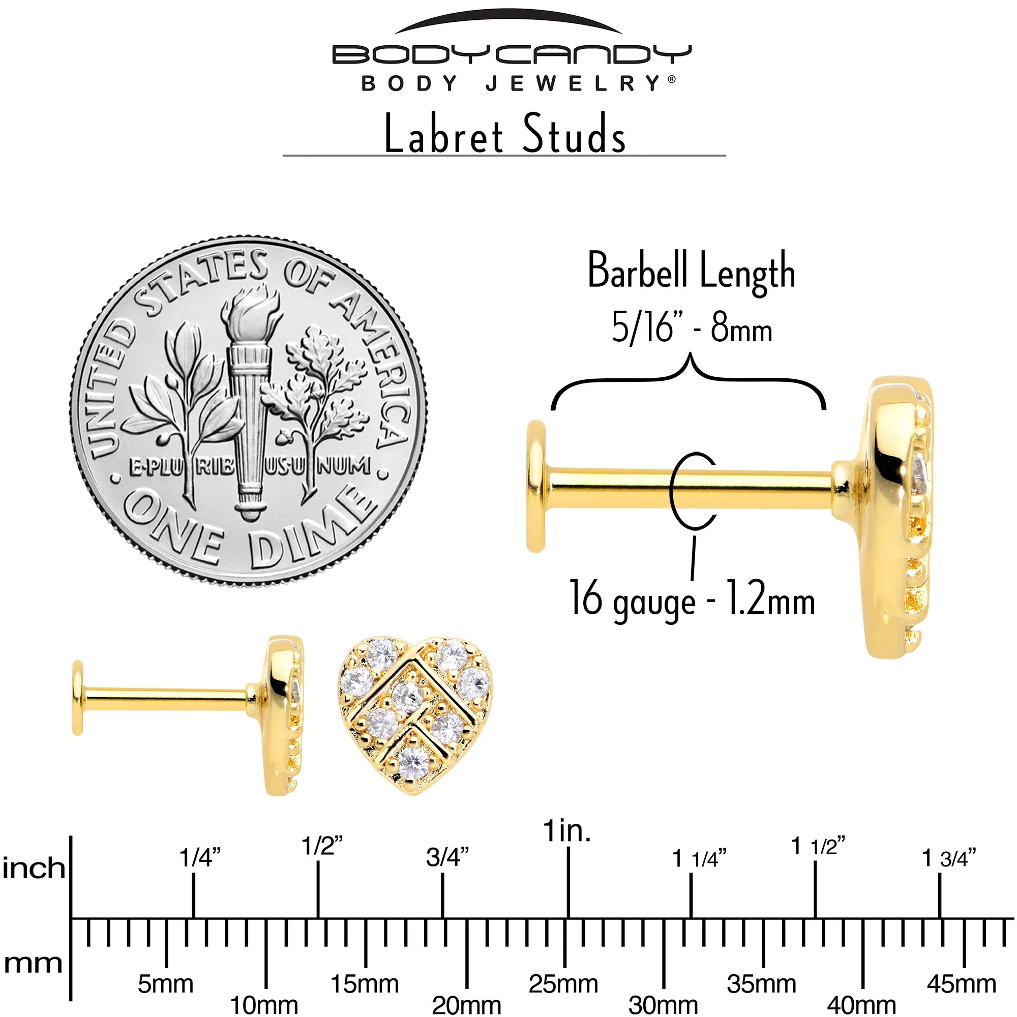 16 Gauge 5/16 Clear Gem Gold Hue Lattice Heart Internally Threaded Labret