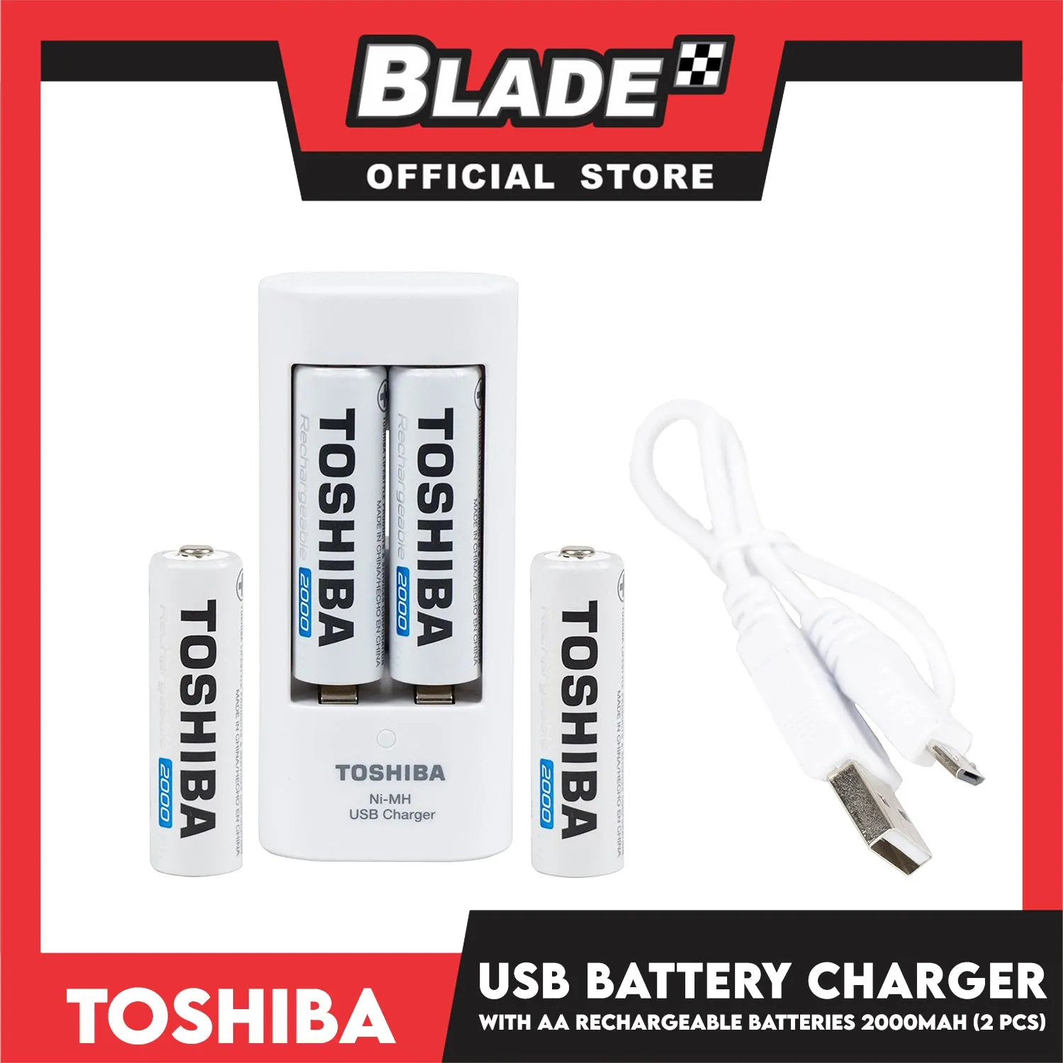 2pcs. Toshiba USB Battery Charger With AA Rechargeable Batteries 2000 mAh