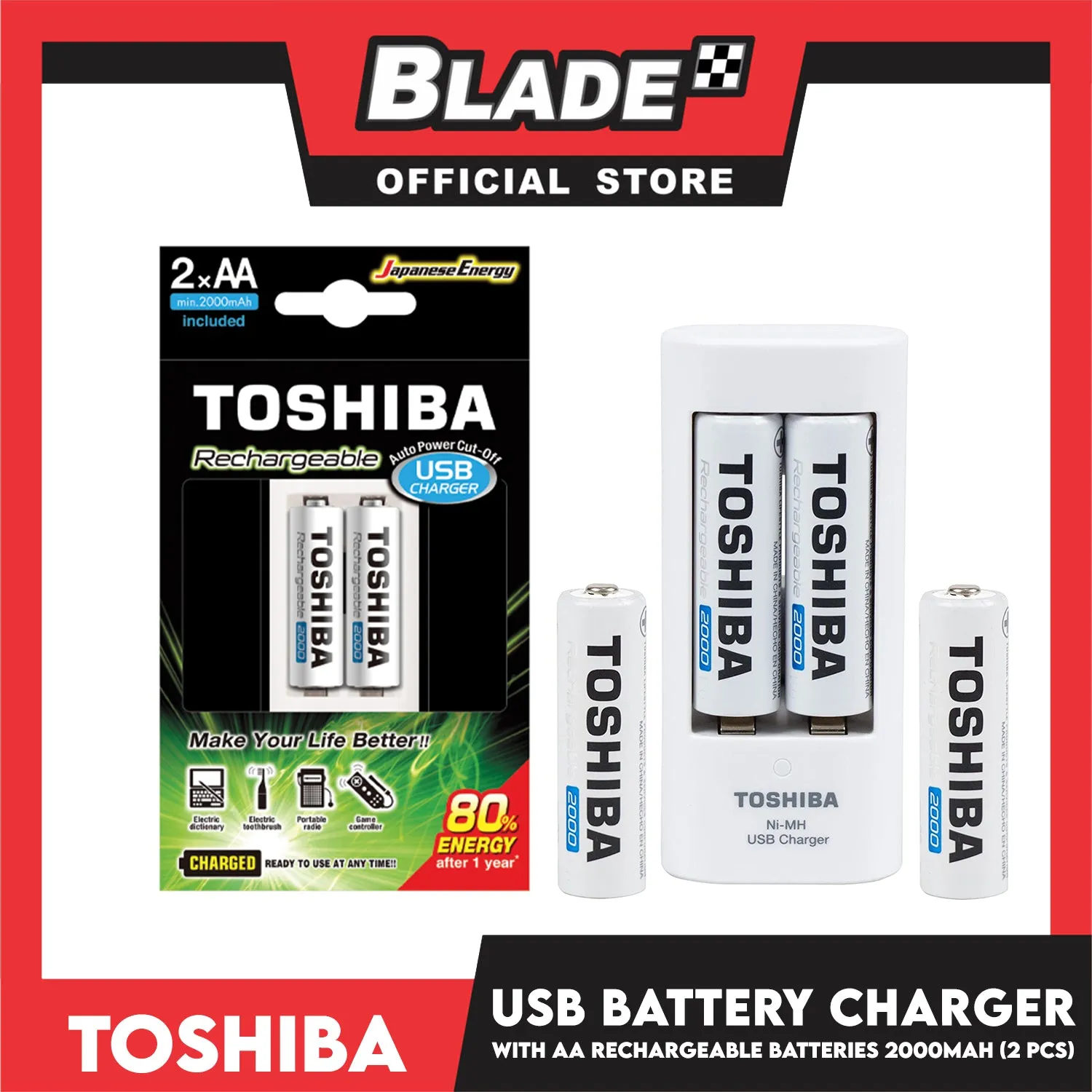 2pcs. Toshiba USB Battery Charger With AA Rechargeable Batteries 2000 mAh