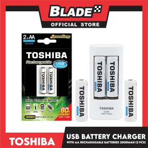 2pcs. Toshiba USB Battery Charger With AA Rechargeable Batteries 2000 mAh