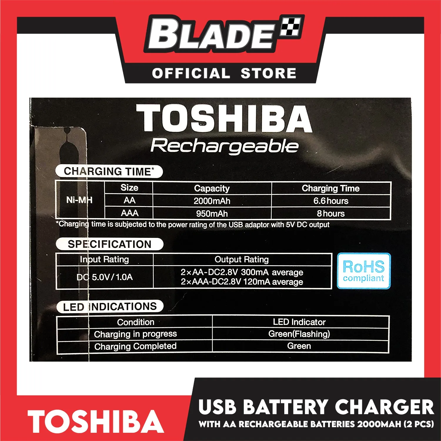 2pcs. Toshiba USB Battery Charger With AA Rechargeable Batteries 2000 mAh