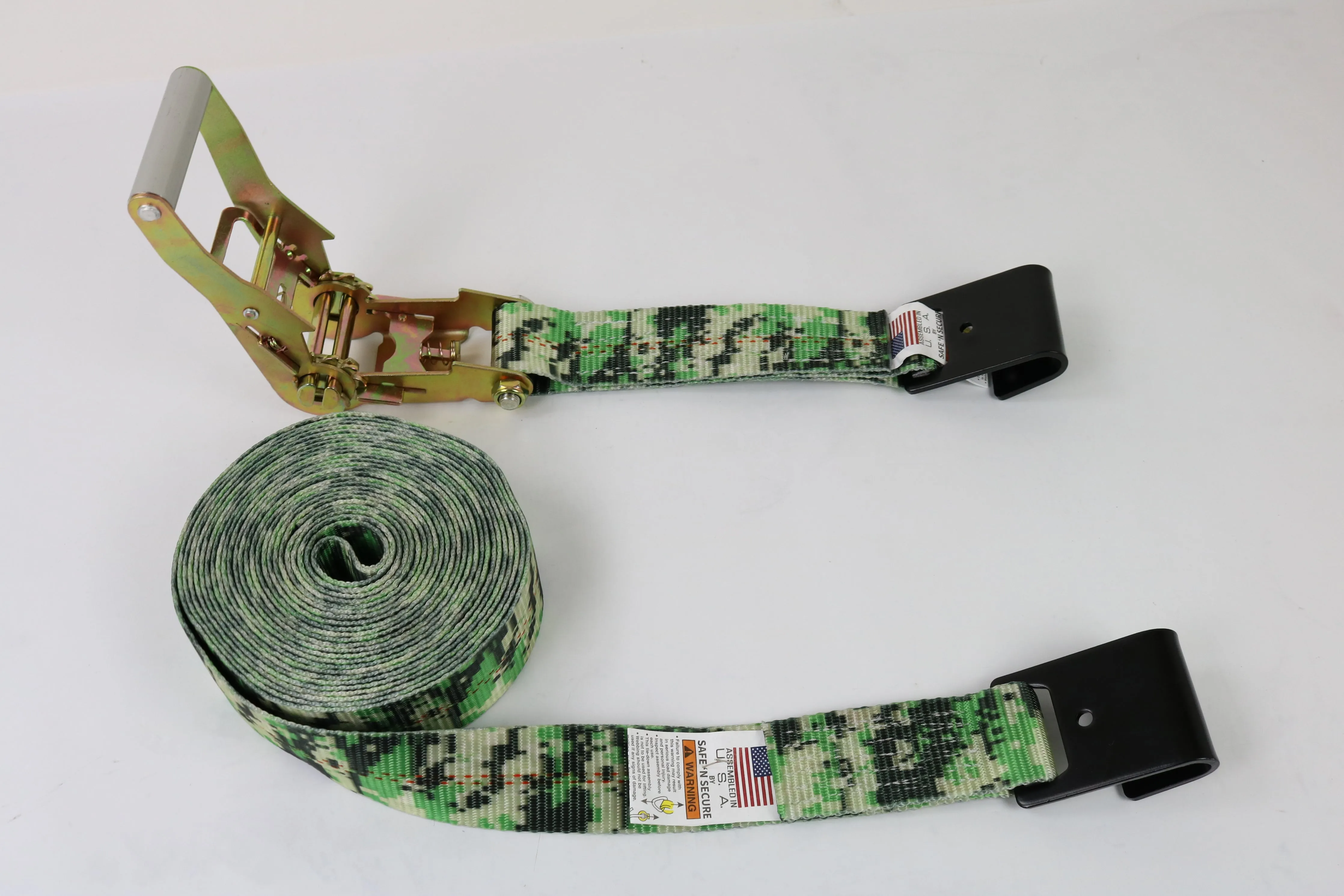 2" x 30' Green Camo Ratchet Strap with Flat Hook | 3,333lb WLL