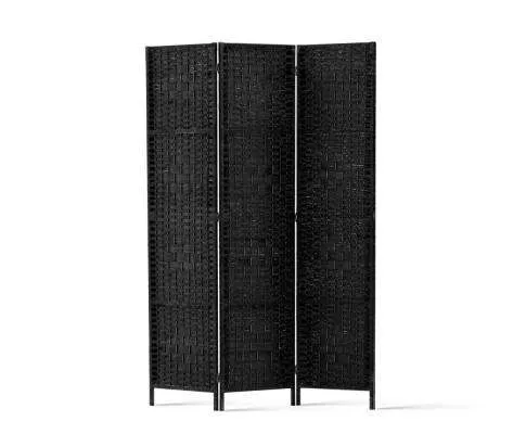 3 Panel Room Divider Privacy Screen Rattan Woven Wood Stand - Black