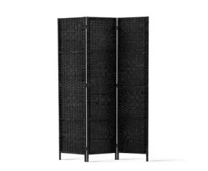 3 Panel Room Divider Privacy Screen Rattan Woven Wood Stand - Black