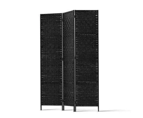3 Panel Room Divider Privacy Screen Rattan Woven Wood Stand - Black