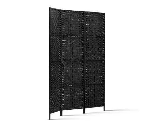 3 Panel Room Divider Privacy Screen Rattan Woven Wood Stand - Black