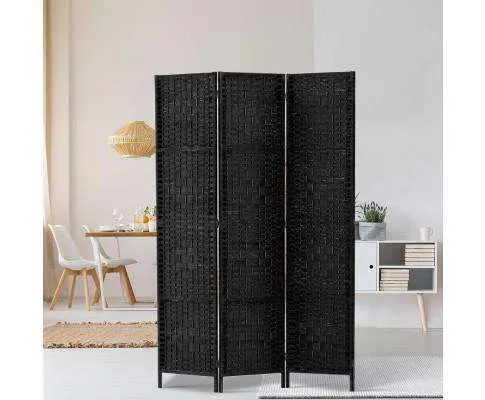 3 Panel Room Divider Privacy Screen Rattan Woven Wood Stand - Black