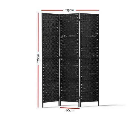 3 Panel Room Divider Privacy Screen Rattan Woven Wood Stand - Black