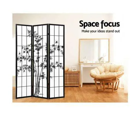 3 Panel Room Divider Screen Privacy Dividers Pine Wood Stand Shoji Bamboo Black - White