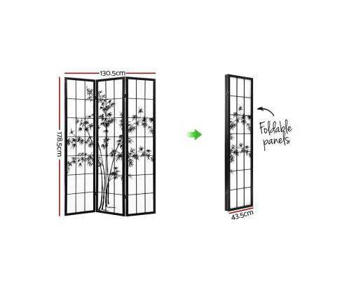3 Panel Room Divider Screen Privacy Dividers Pine Wood Stand Shoji Bamboo Black - White