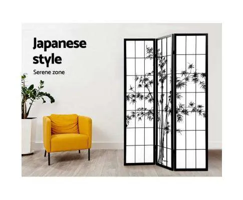 3 Panel Room Divider Screen Privacy Dividers Pine Wood Stand Shoji Bamboo Black - White