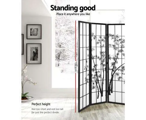 3 Panel Room Divider Screen Privacy Dividers Pine Wood Stand Shoji Bamboo Black - White