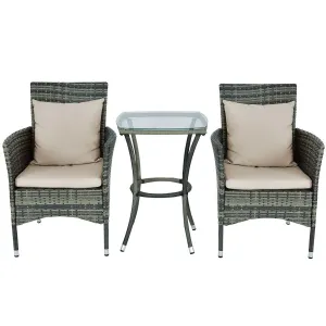 3 Piece Gray Brown Patio Rattan Chairs and Table Set with Cushions