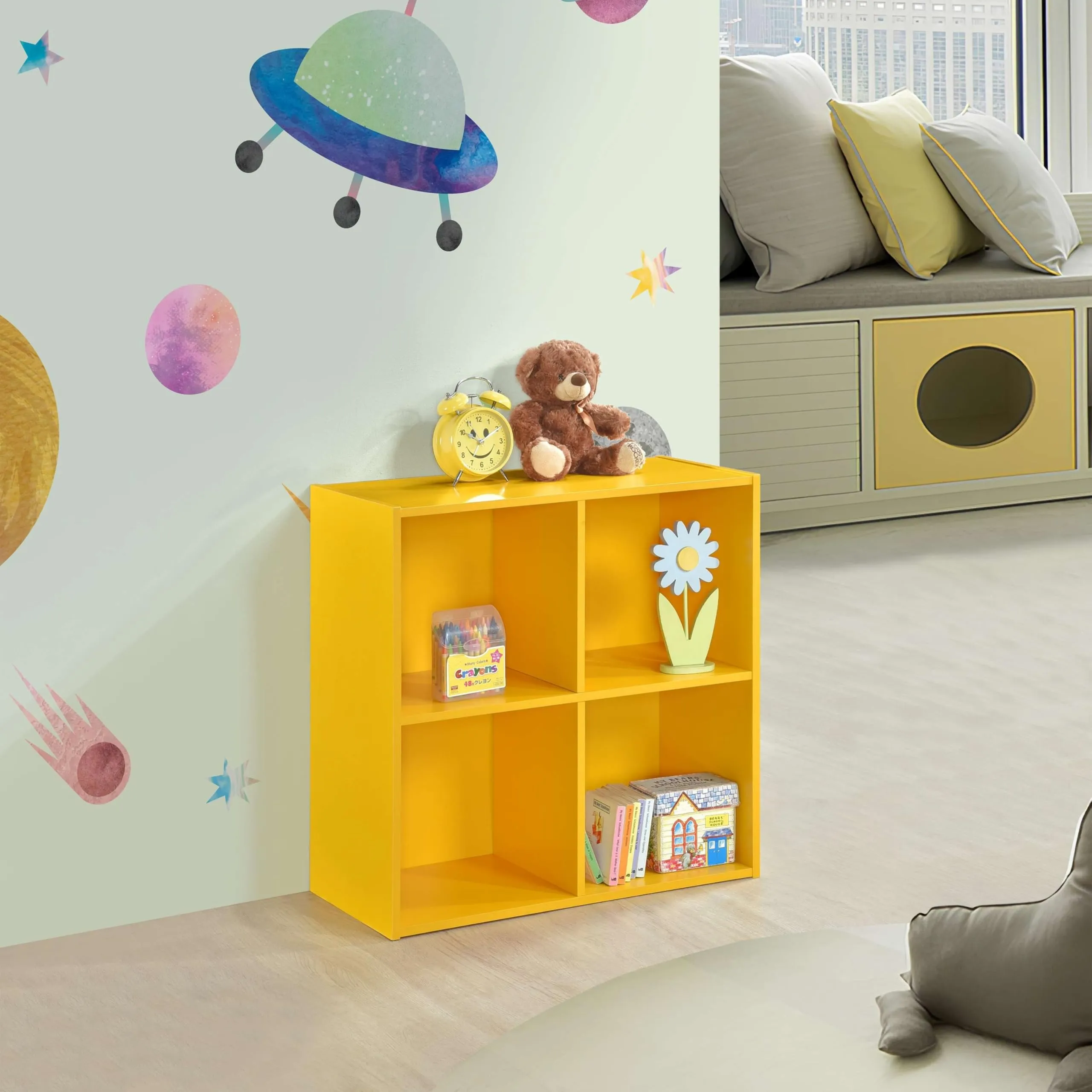 4 Cube Storage Organizer Book Shelf Toy Yellow Children's