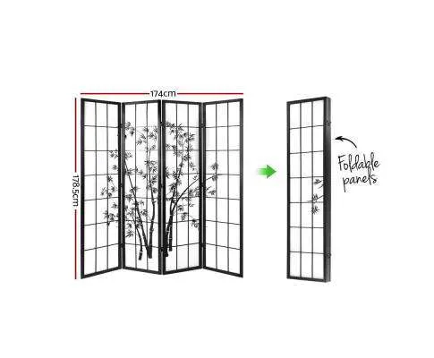 4 Panel Room Divider Screen Privacy Dividers Pine Wood Stand Shoji Bamboo - Black