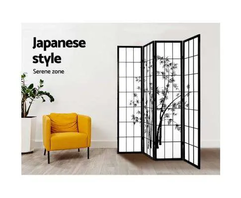 4 Panel Room Divider Screen Privacy Dividers Pine Wood Stand Shoji Bamboo - Black