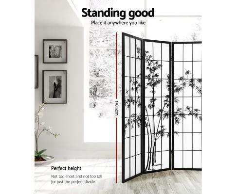 4 Panel Room Divider Screen Privacy Dividers Pine Wood Stand Shoji Bamboo - Black