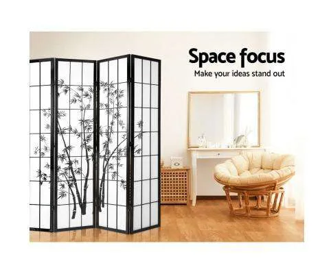 4 Panel Room Divider Screen Privacy Dividers Pine Wood Stand Shoji Bamboo - Black