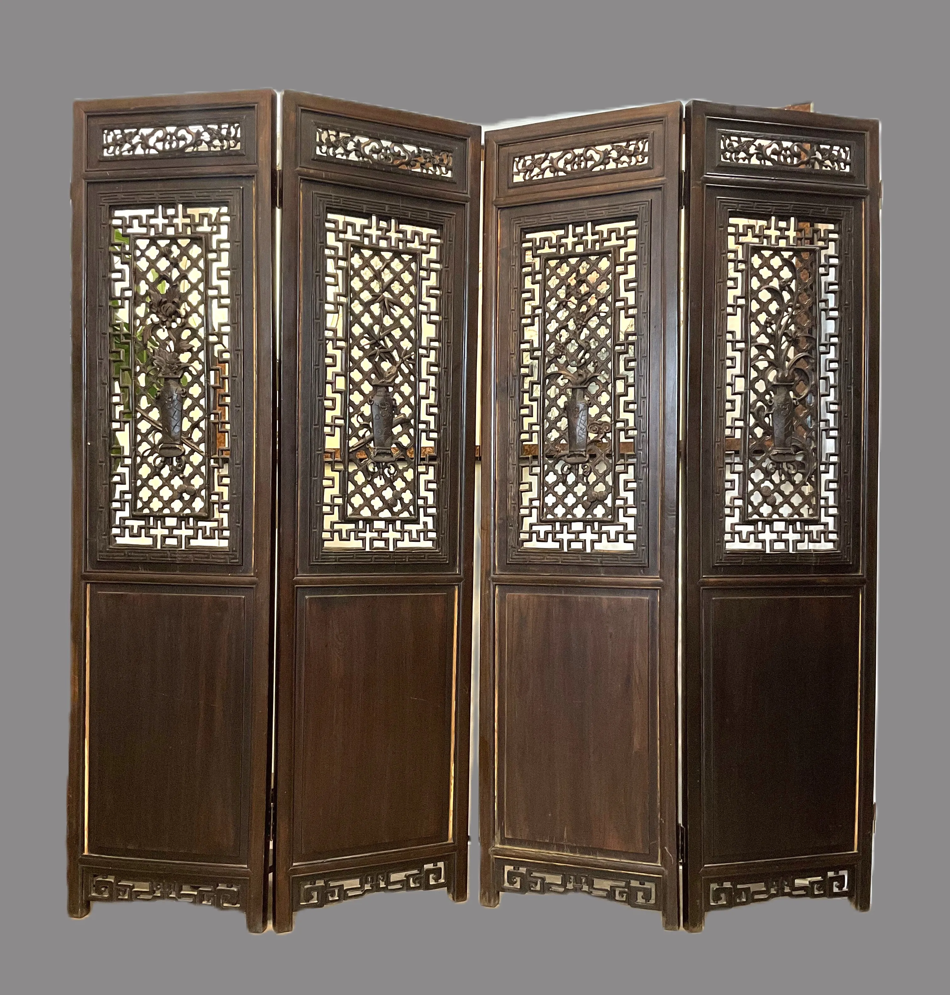 4 Panels Carved Teak Fine Details Room Divider Screen
