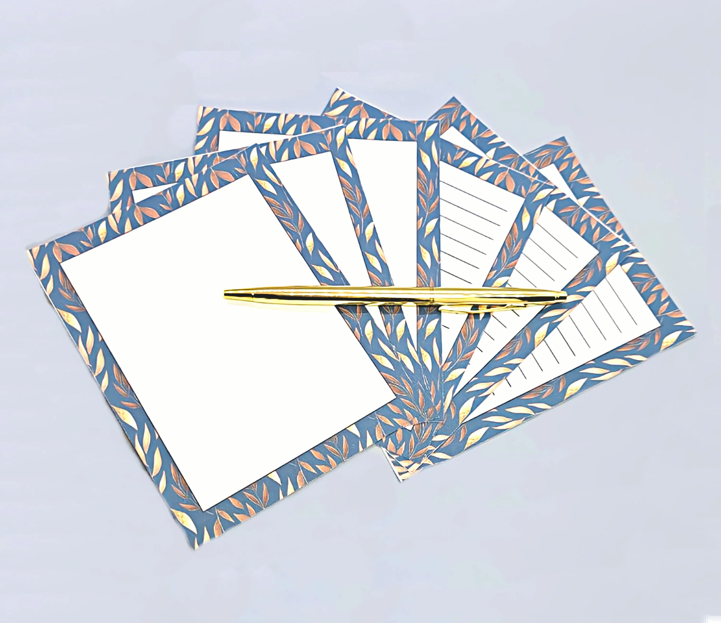 42-Pc Stationery Gift Box Set w/Reusable Desktop Organizer Box and Gold Pen - Blue, Brown & Gold Leaves