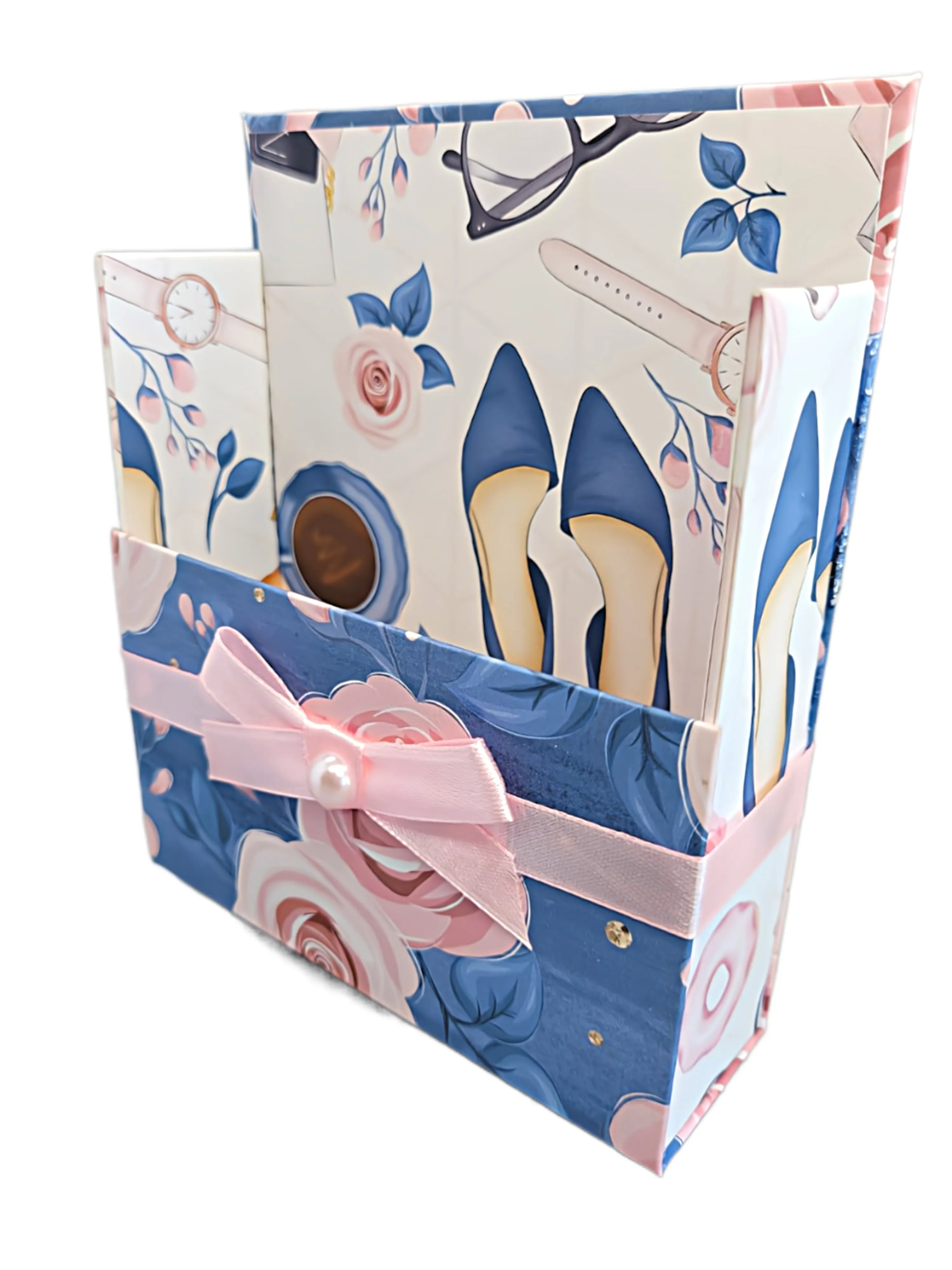 42-Pc Stationery Gift Box Set w/Reusable Desktop Organizer Box and Gold Pen - Pink & Blue Floral Roses