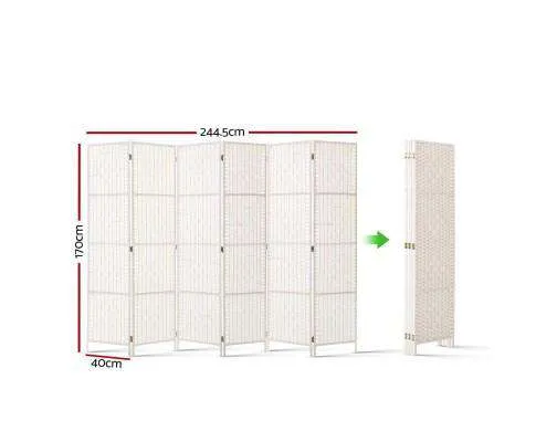 6 Panel Foldable Wooden Room Divider - White