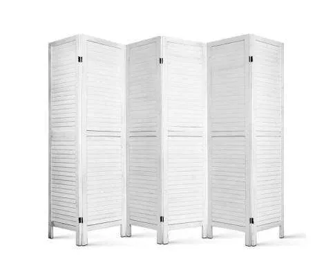 6 Panel Room Divider Privacy Screen Foldable Wood Stand - White
