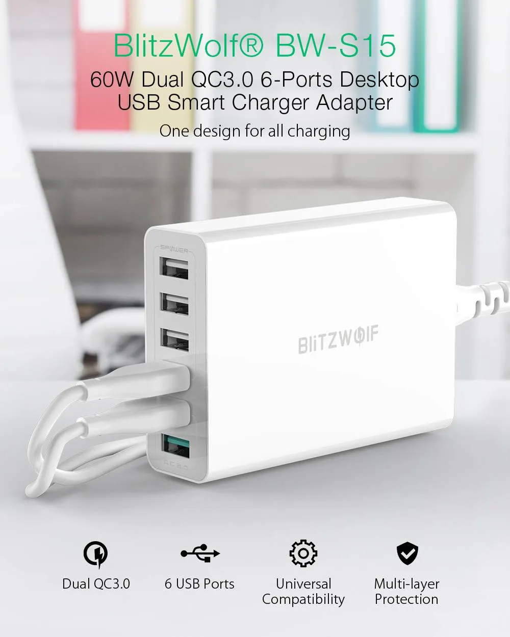60W Dual QC3.0 6 Port USB PD Phone Charger