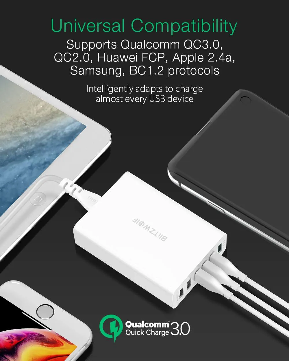 60W Dual QC3.0 6 Port USB PD Phone Charger