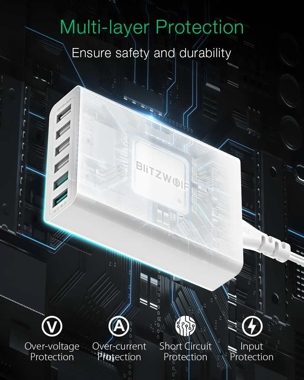 60W Dual QC3.0 6 Port USB PD Phone Charger