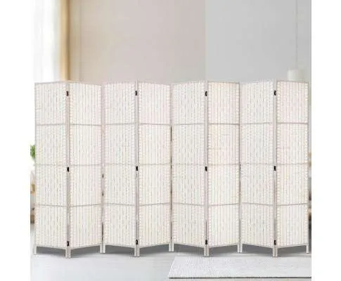 8 Panels Room Divider Screen Privacy Rattan Timber Fold Woven Stand - White