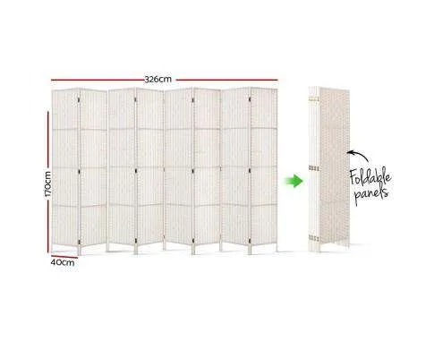 8 Panels Room Divider Screen Privacy Rattan Timber Fold Woven Stand - White