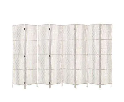 8 Panels Room Divider Screen Privacy Rattan Timber Fold Woven Stand - White