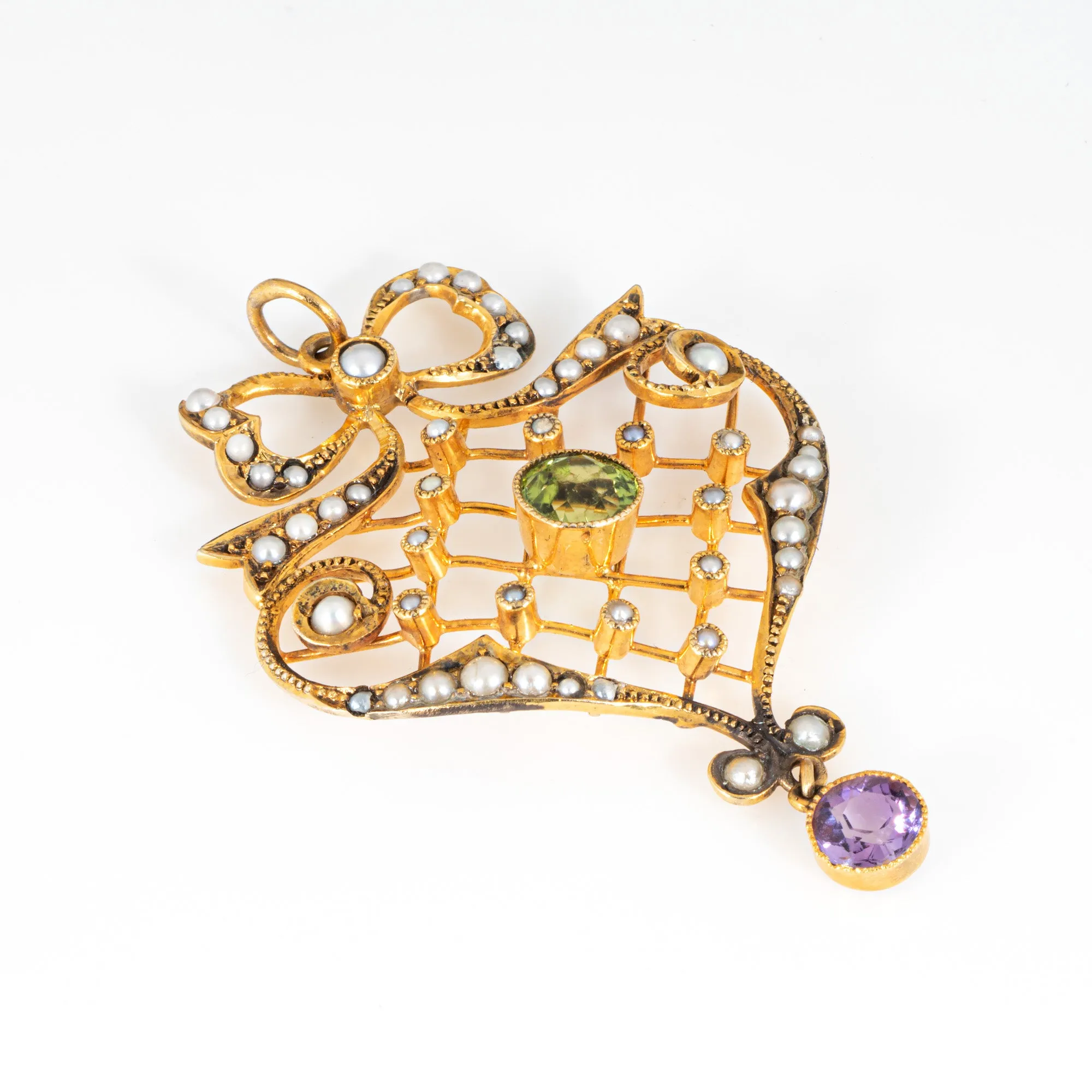 Antique Edwardian Lattice Pendant Peridot Amethyst Seed Pearls 9k Yellow Gold